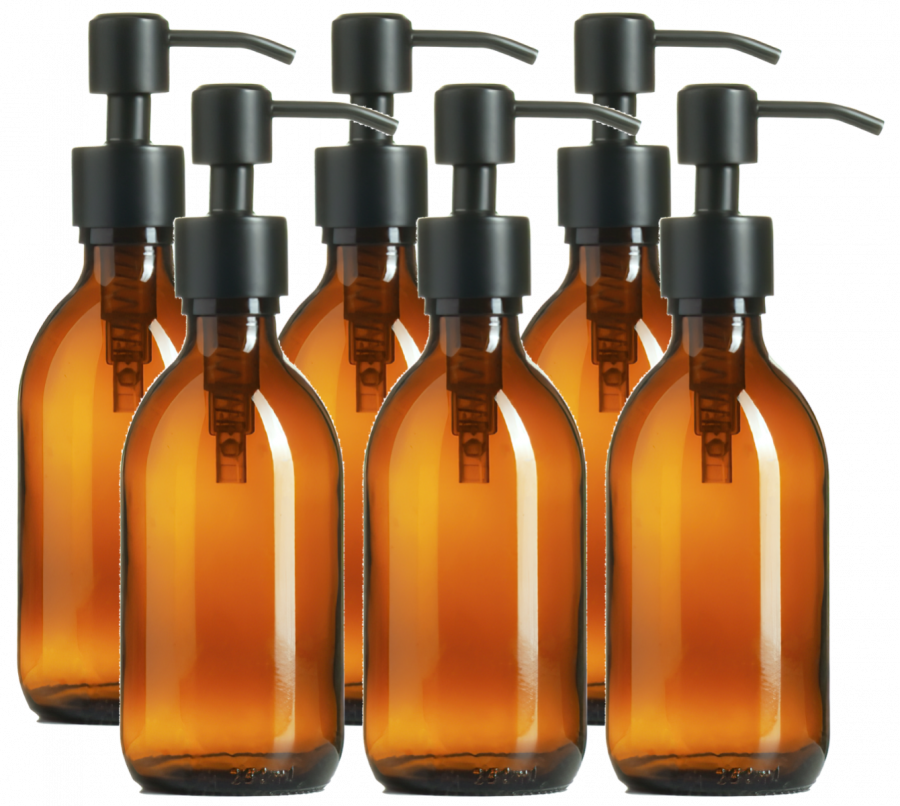 Set of 6 Amber Glass Sirop Bottles and Black Stainless Steel Pumps (250ml-1000ml) - 6 for the price of 4!