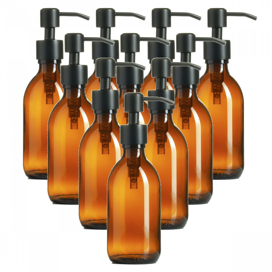 BULK BUY: 10 x 250ml Amber Glass Sirop Bottles and Black Stainless Steel Pumps