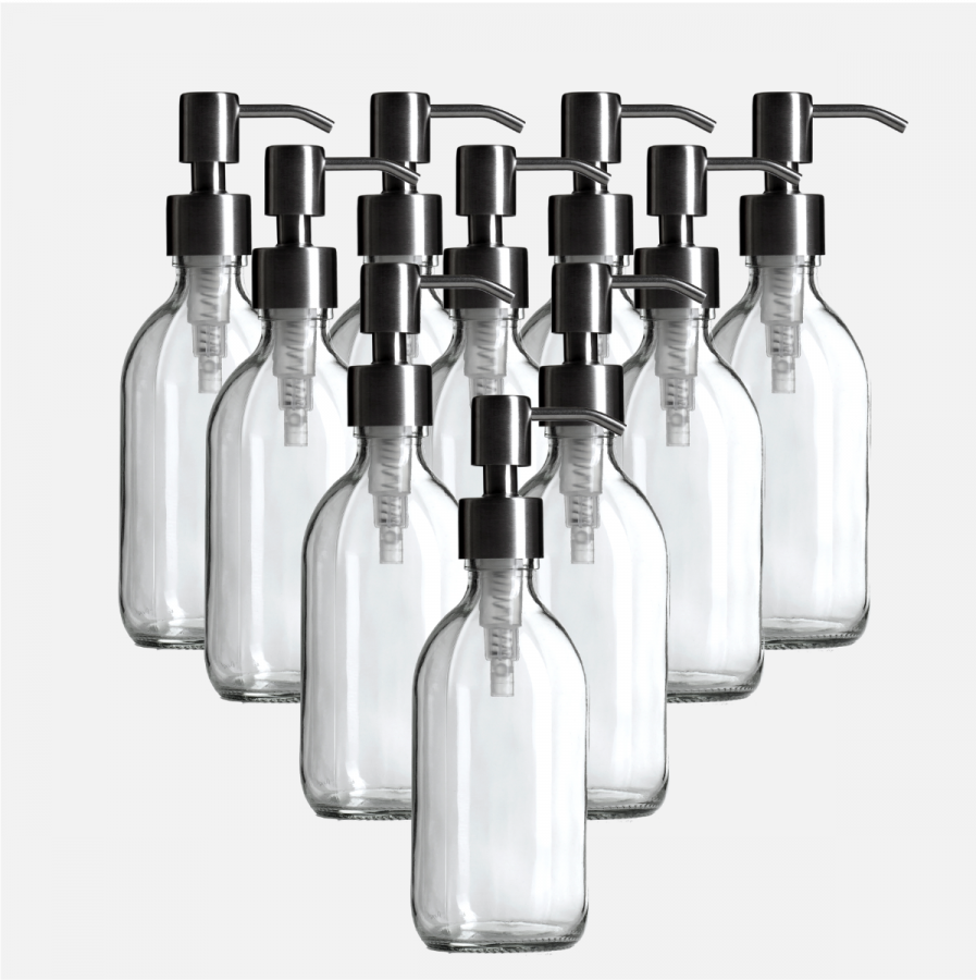BULK BUY: 10 x 300ml Clear Glass Sirop Bottles and Silver Stainless Steel Pumps