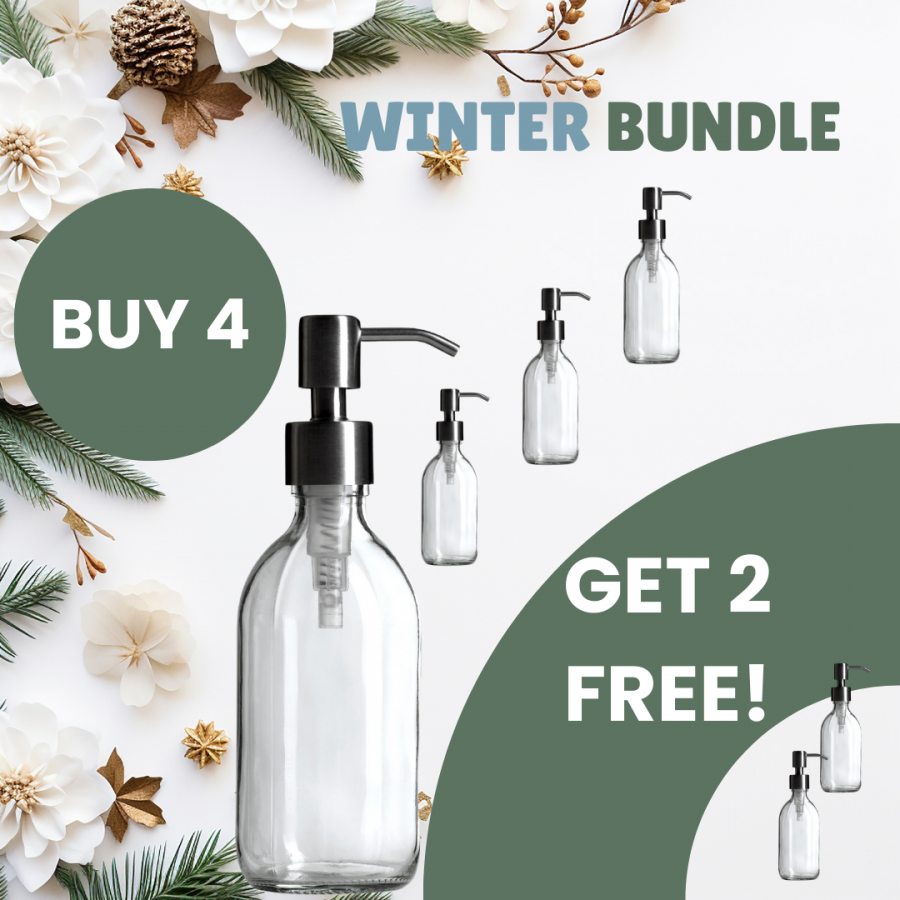 Set of 6 Clear Glass Sirop Bottles and Black Stainless Steel Pumps (300ml and 500ml) - 6 for the price of 4!