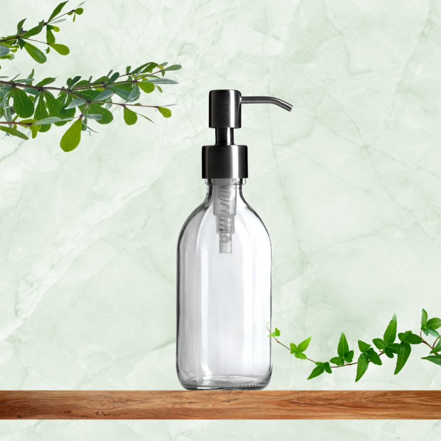 300ml Clear Glass Bottle and Silver Stainless Steel Pump