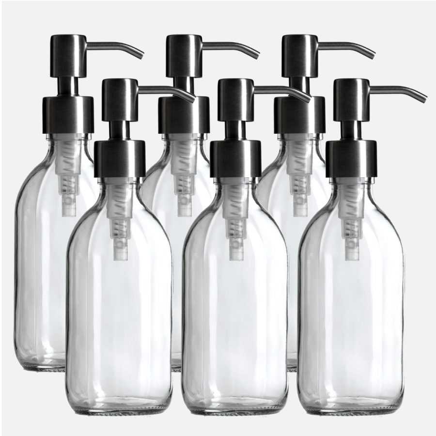 Set of 6 Clear Glass Sirop Bottles and Black Stainless Steel Pumps (300ml-1000ml) - 6 for the price of 4!