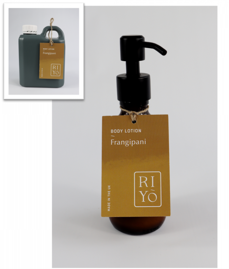 Riyō Organic Frangipani Body Lotion 1L Refill Container with Free Full Refillable Amber Glass Bottle
