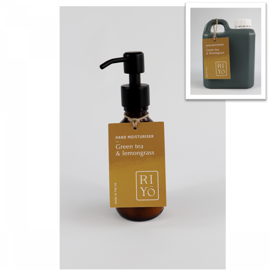 Riyō Organic Green Tea & Lemongrass Hand Lotion 1L Refill Container with Free Full Refillable Amber Glass Bottle