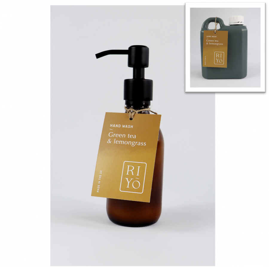 Riyō Organic Green Tea & Lemongrass Hand Wash 1L Refill Container with Free Full Refillable Amber Glass Bottle