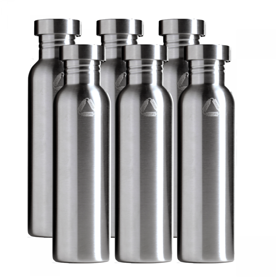 Set of 6 750ml Silver Stainless Steel Water Bottles (6 for the price of 4)
