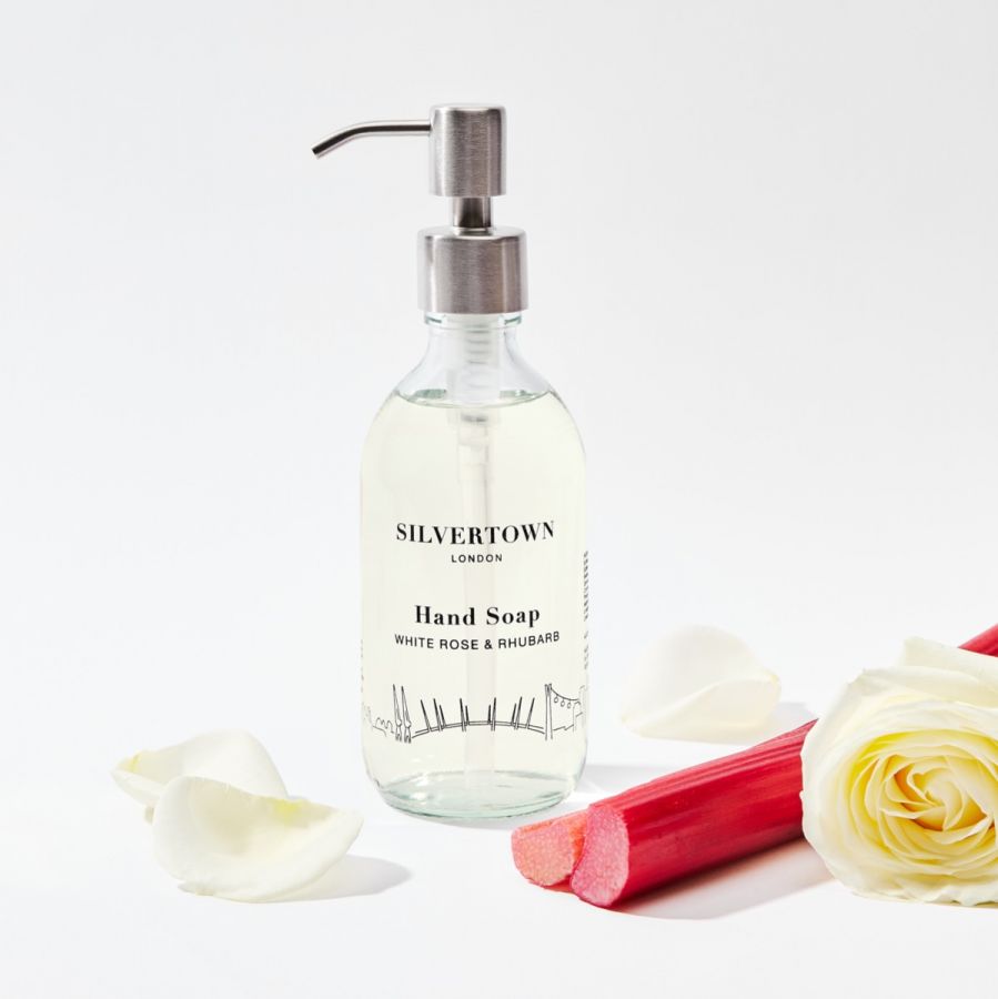 Sample: Silvertown White Rose & Rhubarb Hand Soap in 300ml Glass Bottle with Silver Stainless Steel Pump
